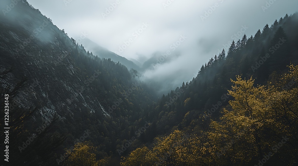 Poster moody mountain landscape with dense pine forest and rolling fog : generative ai