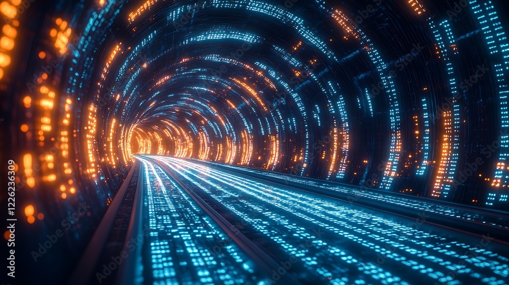Fototapete High-Speed Data Tunnel with Glowing Binary Code and Futuristic Lighting : Generative AI