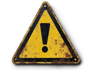 Rusty yellow triangle warning sign with exclamation mark.