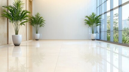 Modern lobby with plants, city view, shiny floor. Ideal for interior design