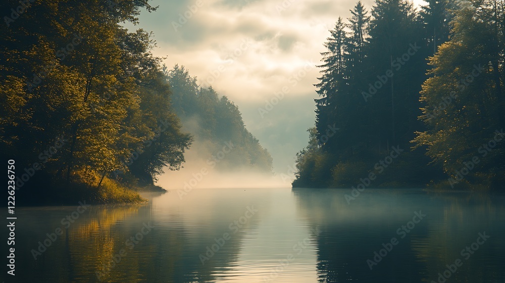 Poster Mist Covered River in Forest at Dawn with Trees and Soft Ambient Light : Generative AI