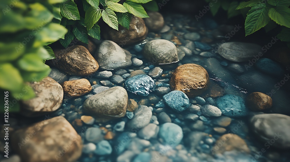 Poster scenic stream with stones and lush foliage in a serene natural setting : generative ai