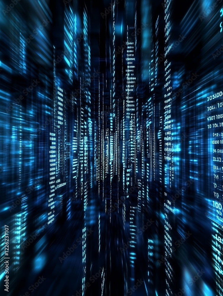 Poster Futuristic Digital Matrix with Blurred Blue Data Streams Motion : Generative AI