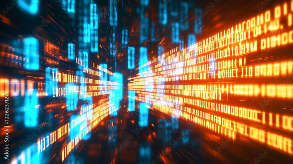 Poster Dynamic Digital Binary Flow in Blue and Orange with Motion Blur for Technology Concepts : Generative AI