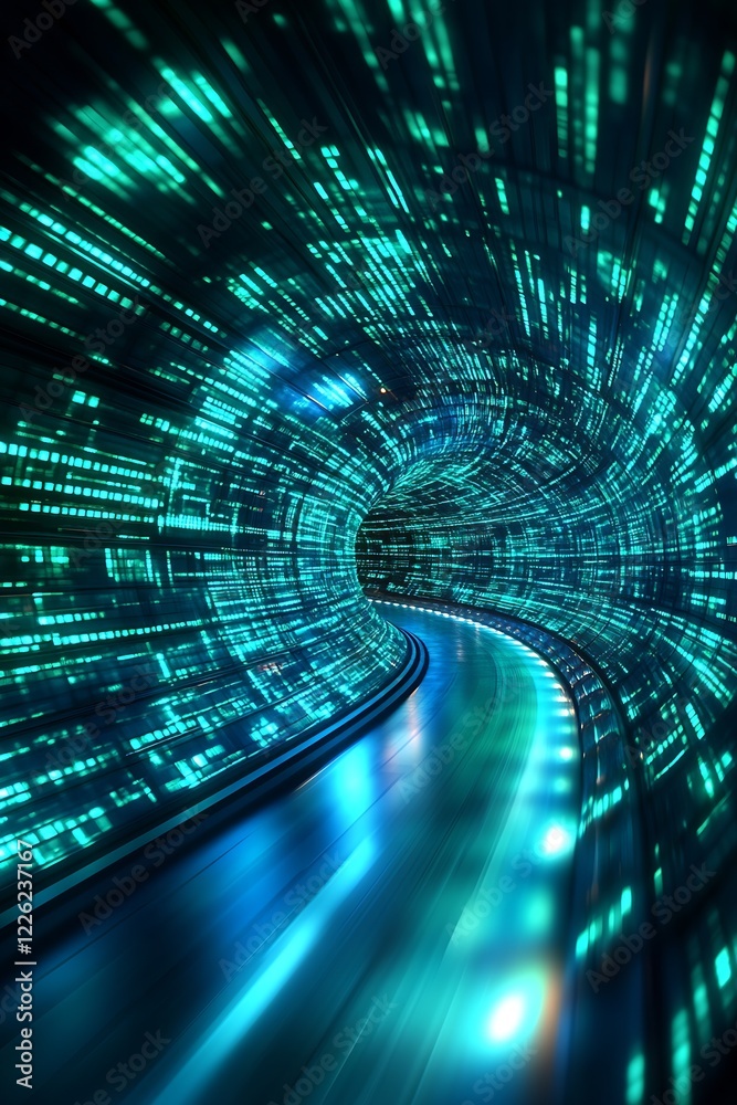 Poster Digital Data Tunnel with Blue and Green Lightstreaks Illuminating the Path : Generative AI
