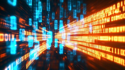 Obraz premium Dynamic Digital Binary Flow in Blue and Orange with Motion Blur for Technology Concepts : Generative AI