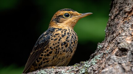 Fototapeta premium A close-up of a speckled bird perched on a tree branch in a natural setting.