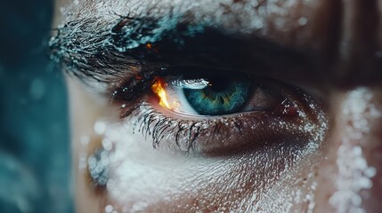 A close-up of a striking eye with fiery elements, conveying intensity and emotion.