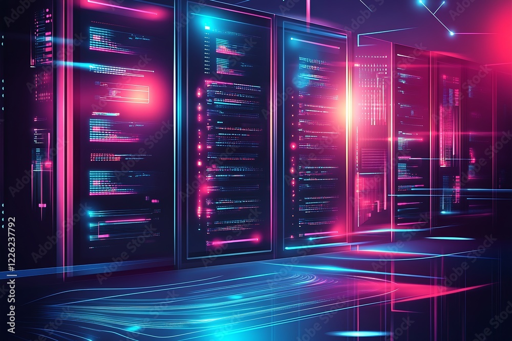 Poster Neon Server Room with Digital Interface and High-Tech Data Storage Solutions : Generative AI