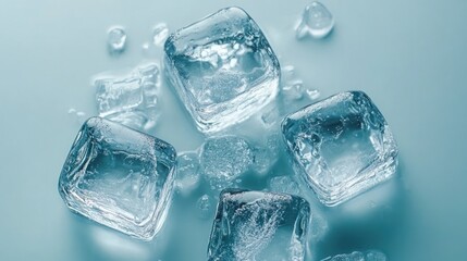Obraz premium Close-up of several melting ice cubes on a blue background.