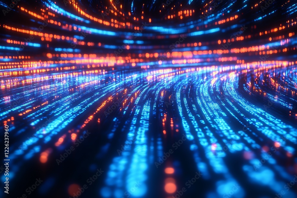 Poster Abstract Futuristic Digital Data Stream in Blue and Orange Hues Depicting Dynamic Motion : Generative AI