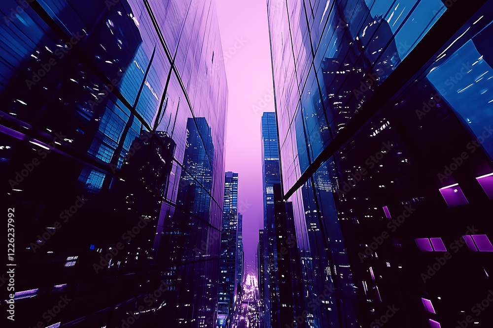 Poster modern skyscrapers with pulsating purple and blue night lights creating a futuristic cityscape : gen
