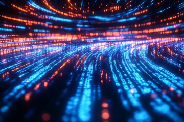 Abstract Futuristic Digital Data Stream in Blue and Orange Hues Depicting Dynamic Motion : Generative AI