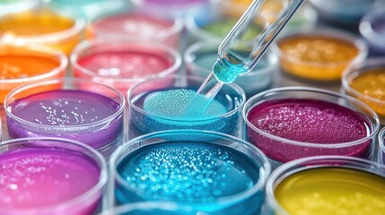 Colorful liquid samples in petri dishes with pipette.
