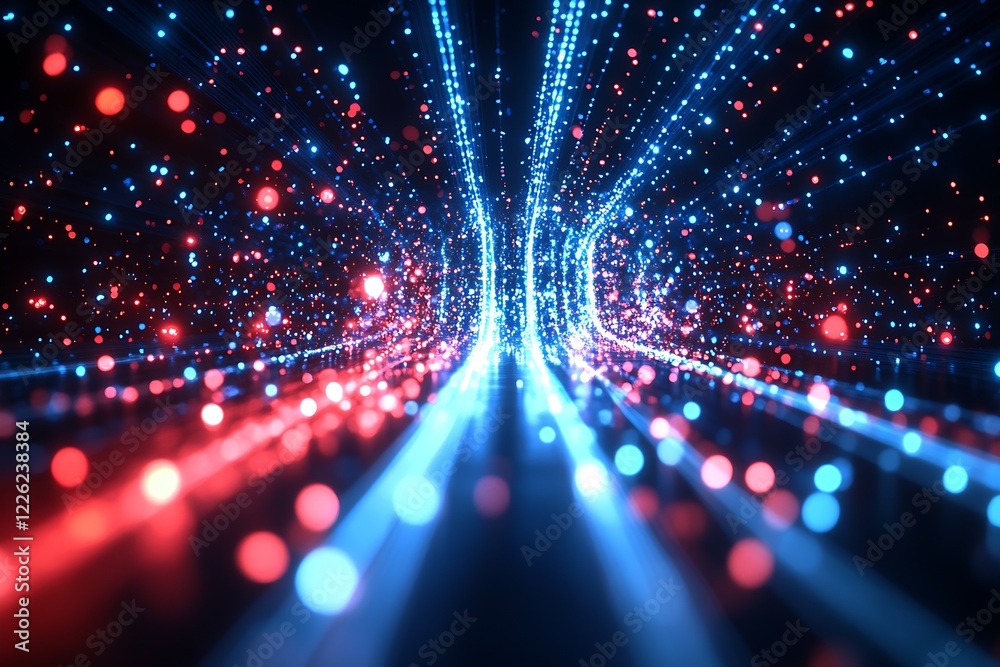 Poster Interstellar Light Tunnel with Vibrant Red and Blue Dot Patterns in Motion : Generative AI