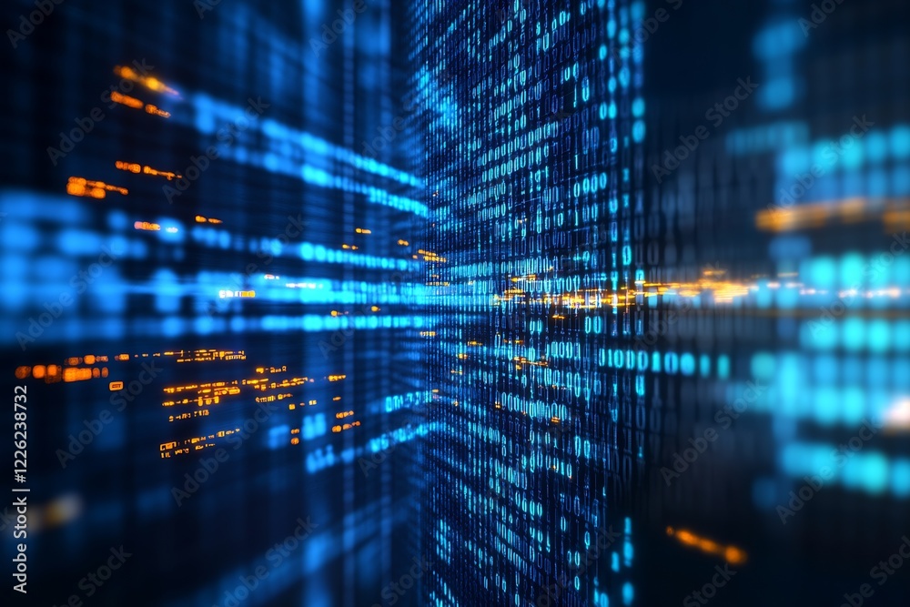 Aufkleber futuristic digital data stream with blue and orange light streaks in motion : generative ai