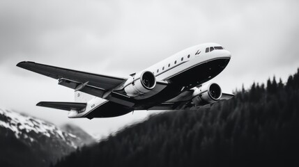 A jet airplane flying over a mountainous landscape in monochrome tones.