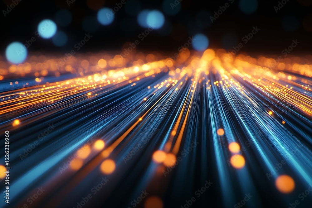 Poster illuminated digital lines of orange and blue depicting futuristic technology and energy flow concept