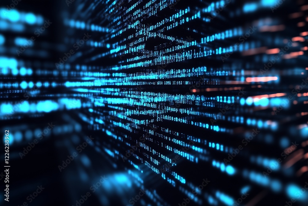 Fototapete Digital Stream of Data Flowing in Dark Cyber Space with Blue Illuminated Patterns : Generative AI