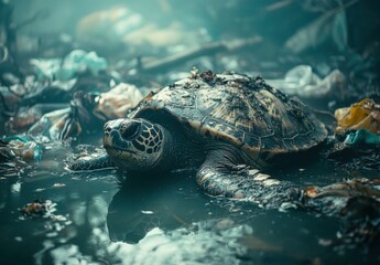 Fototapeta premium Tortoise Struggling in Polluted Water Surrounded by Trash and Environmental Debris Highlighting Ocean Pollution and Marine Life Crisis