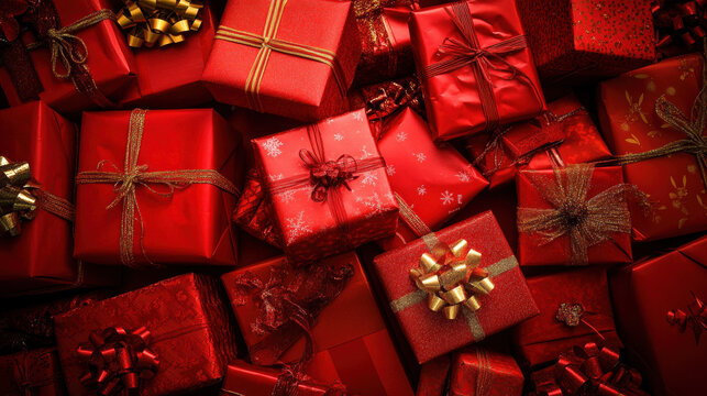 Vibrant collection of red gift packages beautifully arranged for a festive celebration during the holiday season, showcasing an array of sizes and designs that evoke joy and anticipation