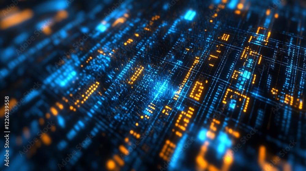 Aufkleber Abstract Tech Background with Dynamic Matrix of Blue and Orange Lights : Generative AI