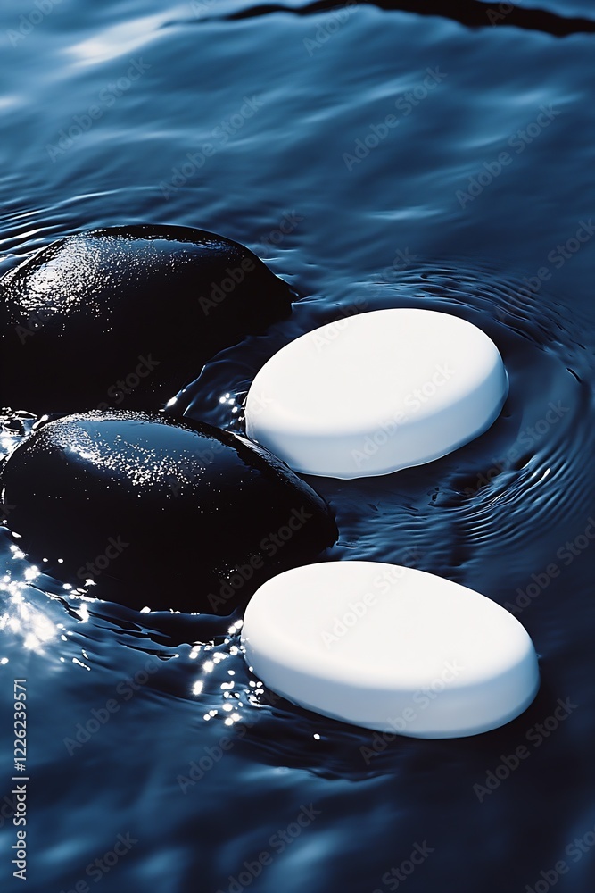Poster black and white spa stones creating a harmonious calm environment in water : generative ai