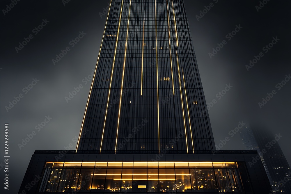 Poster modern skyscraper with yellow vertical light streaks in foggy atmosphere : generative ai