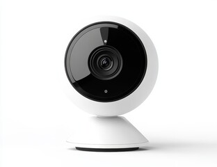 White smart security camera with black lens on white background.