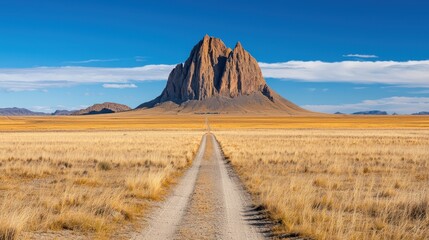 A dirt road leads to a prominent mountain against a clear blue sky in a vast landscape.
