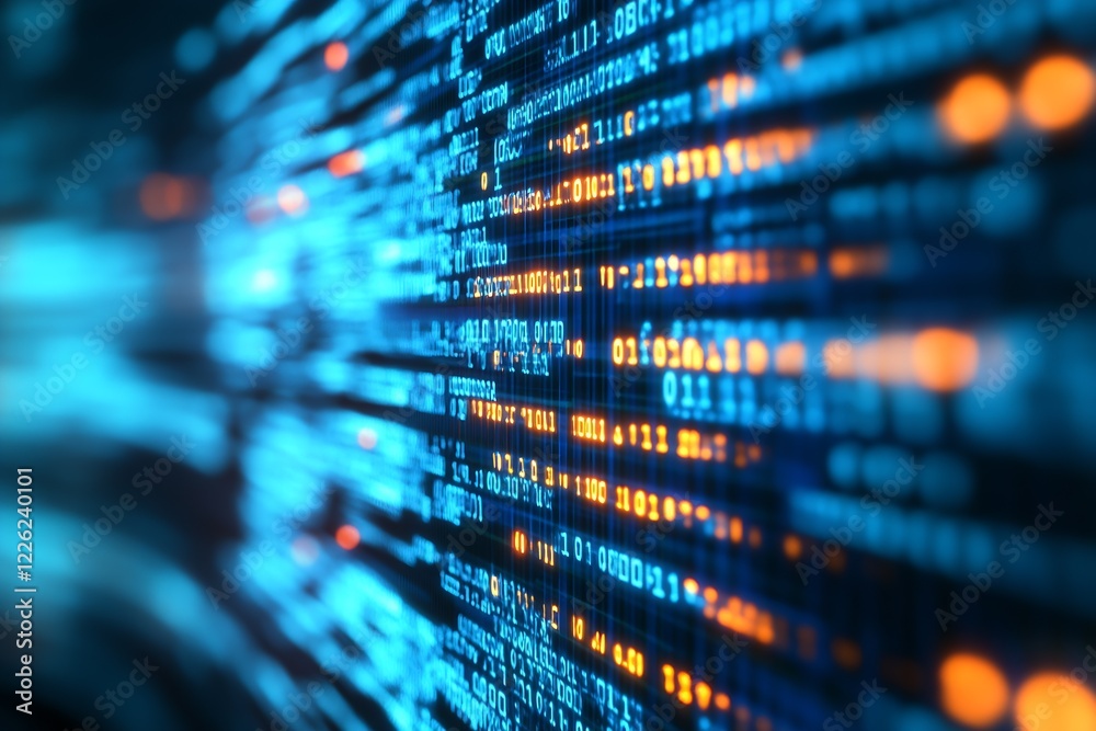 Aufkleber Dynamic digital binary code background with blue and orange lights showing data flow in cyberspace : Generative AI