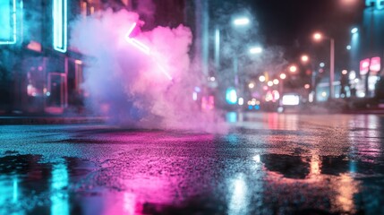 Obraz premium Vibrant neon light reflections urban street night photography foggy environment low angle view digital art vibe