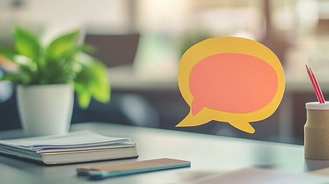 Office desk with pen, notebook, paper and speech bubbles and communication icons in 3D illustration