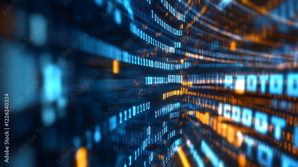 Aufkleber Dynamic Blue and Orange Binary Code Stream in Motion : Generative AI