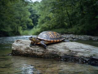 Fototapeta premium Turtle basking on a rock in a serene river surrounded by lush green trees in a peaceful natural environment under a cloudy sky
