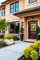 Obraz premium Luxury Home Exterior: Modern Brick House with Landscaped Entrance and Pathway