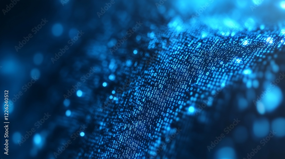 Poster Abstract Digital Fluid Pattern with Glowing Binary Code in Blue : Generative AI