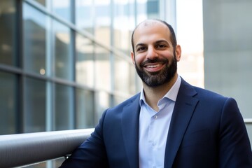 Fototapeta premium Professional man smiling confidently while leaning against a railing in a modern urban setting during daytime