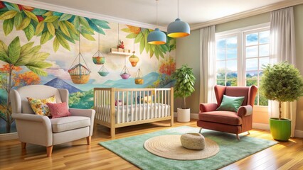 Colorful Nursery Aerial Photography: Crib, Playful Decor, Cozy Seating
