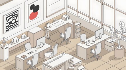 A line art isometric illustration of a modern office space.