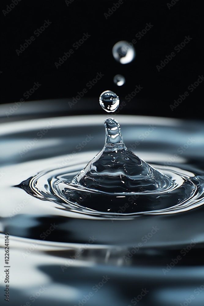 Poster Macro shot of water droplet creating concentric circles on smooth reflective surface : Generative AI