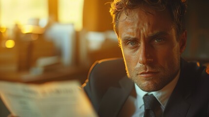 There is a man in a suit reading a newspaper, portrait