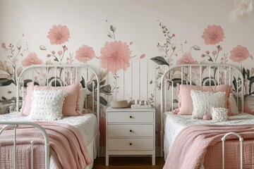 Cozy Children's Bedroom Interior with Pink and Cream Bedding Scandi Chic Design Floral Wall Mural
