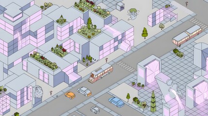 A line art isometric illustration of a futuristic city with various buildings, vehicles, and infrast