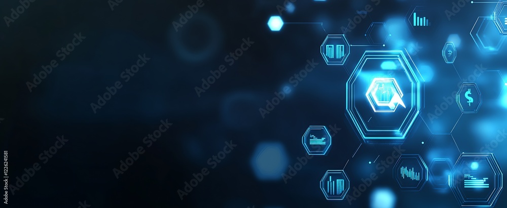 Poster Bright blue technology background with futuristic hexagonal digital patterns : Generative AI