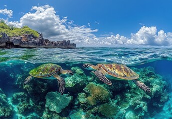 Fototapeta premium Two Colorful Sea Turtles Swimming Above Vibrant Coral Reef Under Clear Blue Sky in Tranquil Ocean Waters