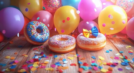 Fototapeta premium Carnival Celebration Background with Colorful Balloons Donuts Fun Clown Accessories Confetti Streamers Cookies Party Invite