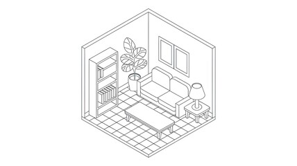 A line art isometric illustration of a living room.