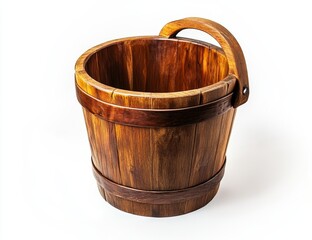 Empty wooden bucket with handle, isolated on white background.