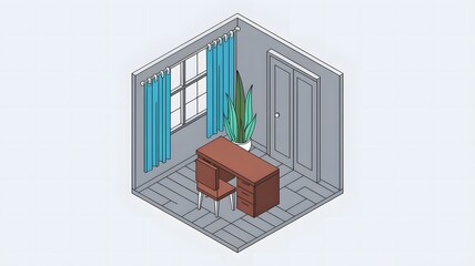 A line art isometric illustration of a room with a desk, chair, and plant.